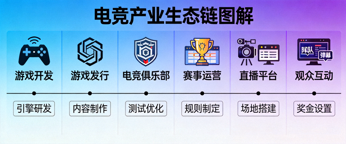 电竞产业生态链图解 - 从游戏开发到赛事运营的全流程