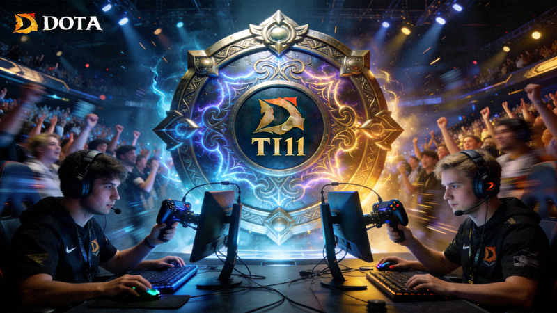 DOTA2国际邀请赛TI11比赛现场 - 选手在巨大的冠军神盾前激烈对战
