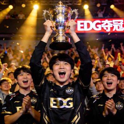 EDG电子竞技俱乐部英雄联盟世界赛夺冠时刻 - 选手举起冠军奖杯